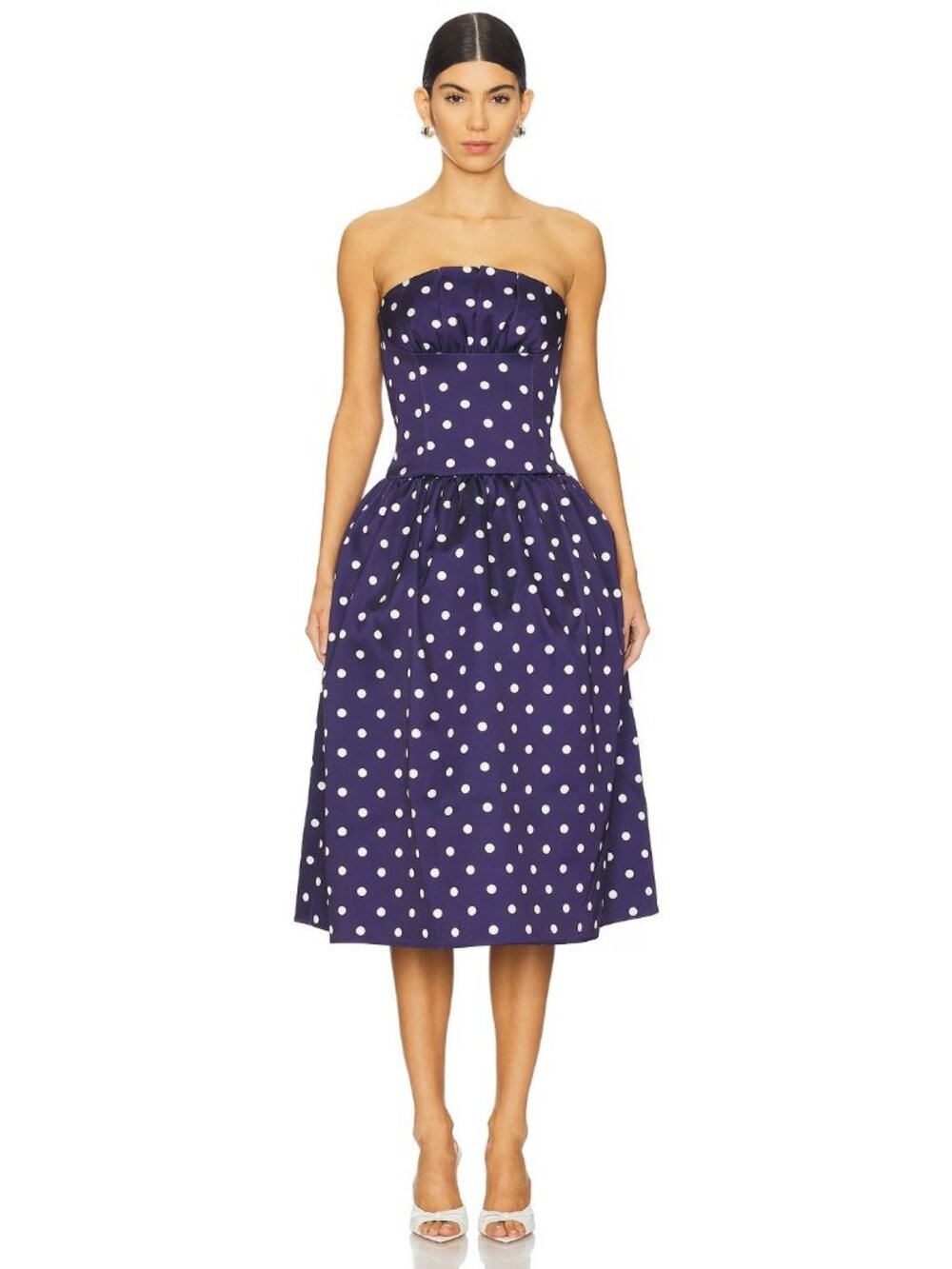 Self-Portrait Polka Dot Satin Midi Dress in Blue 10 Womens Strapless Midi